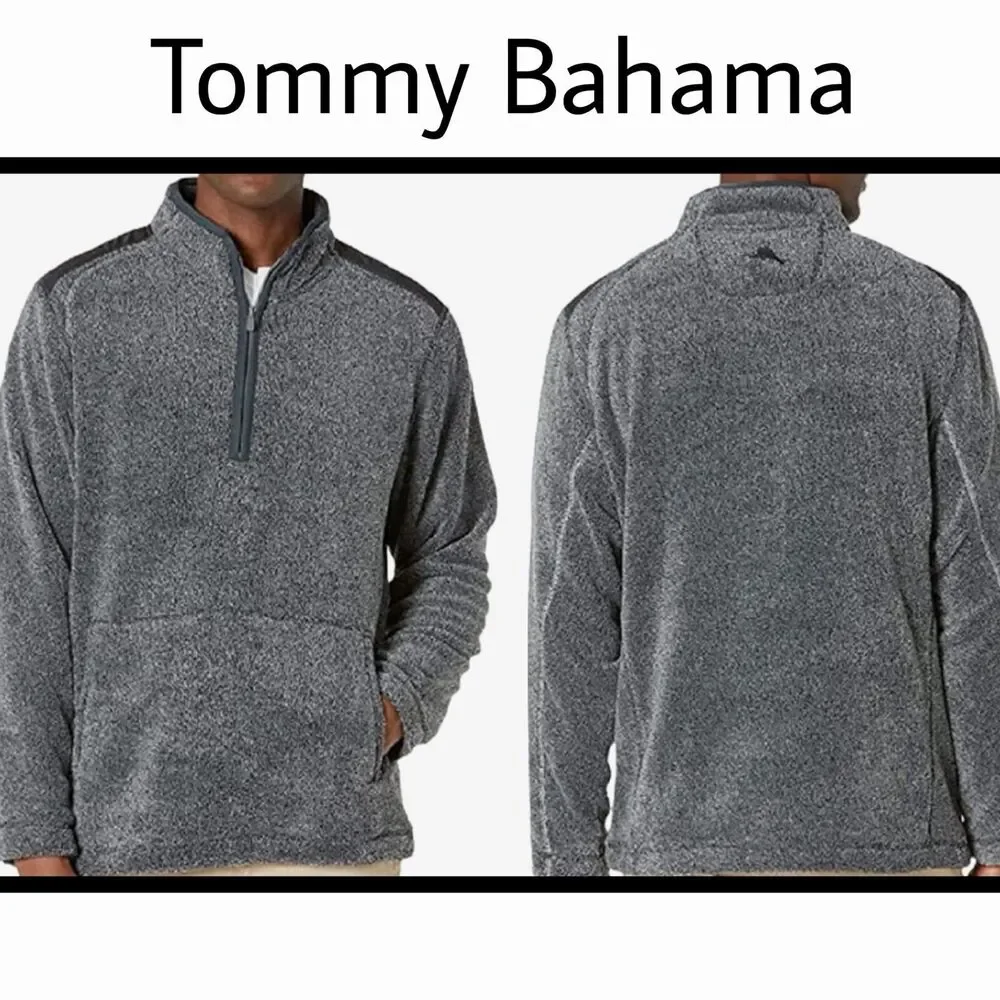 Tommy Bahama Cascade Cozy Fleece Half Zip Kanga Pocket. Mens XL Charcoal